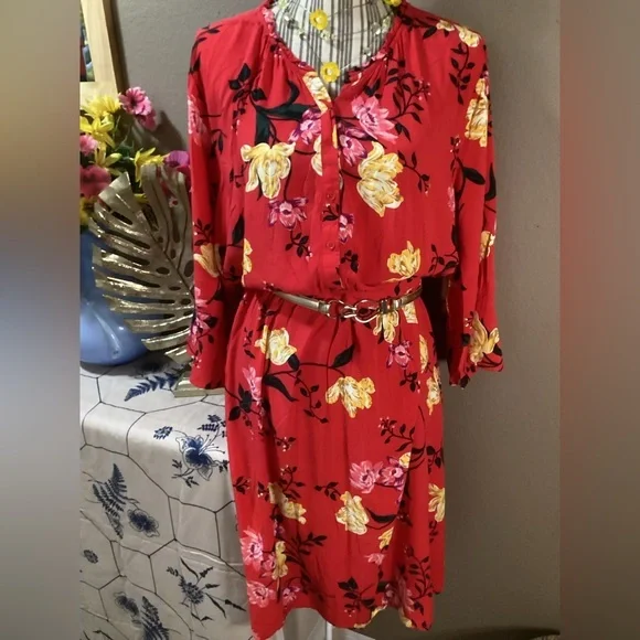Old Navy Red Floral Bell Sleeve Dress - Picture 1 of 16